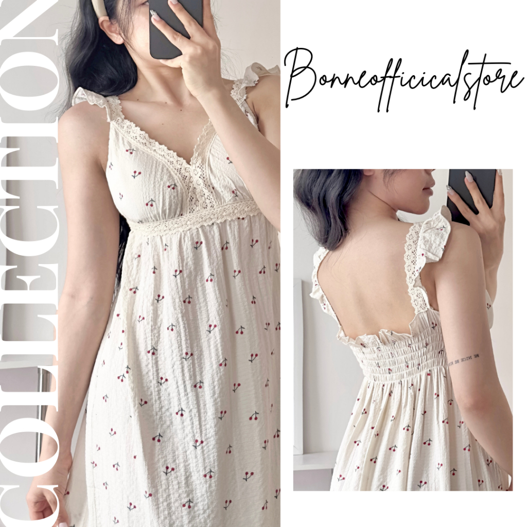 Đầm Ngủ Ngắn Sexy Nữ, Váy Dài Ngủ Không Tay Cánh Tiên Bèo Nhẹ Xinh Xắn, Xốp Cotton Hàn Quốc Dễ Thương Bonne DASEDR159