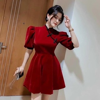 Đầm Nhung nữ mặc Tết, cổ Tàu phối nơ, form bí phồng dễ thương
