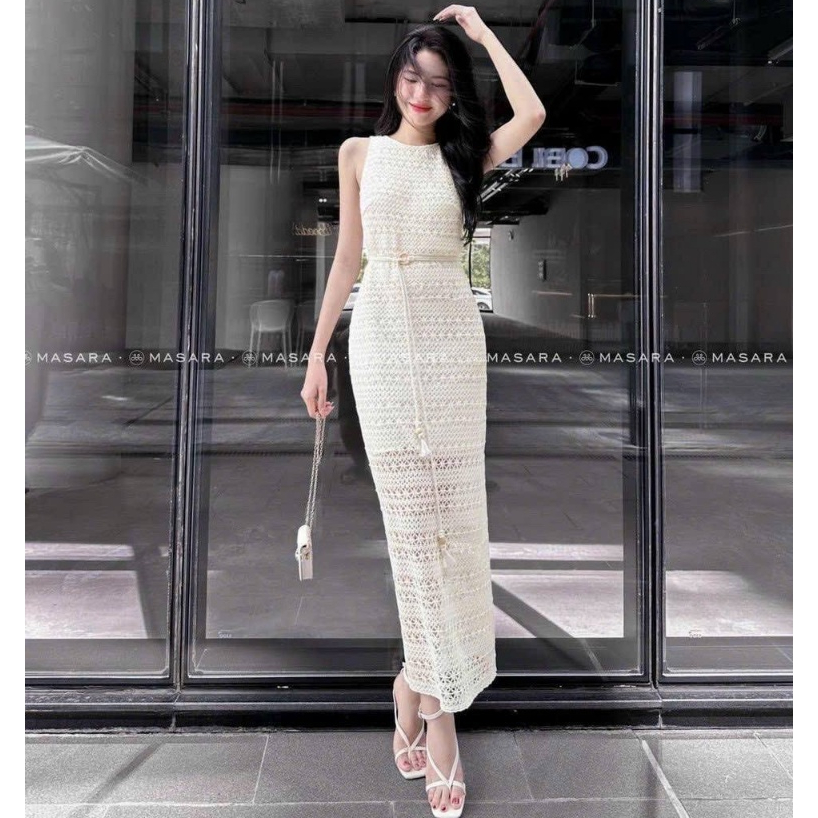 Đầm Ren Dệt Hoa Midi Dáng Dài Cổ Tròn Sát Nách Ôm Body Khóa Sau Đai Eo Xẻ Tà 2 Lớp Phối Dây Thừng Basic Sang Chảnh Hot