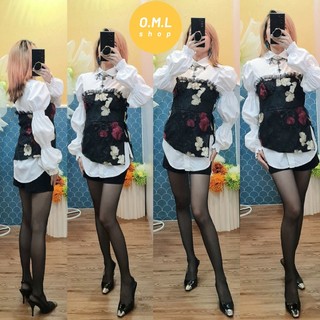 (HÀNG CÓ SẴN kèm HÌNH THẬT) Set áo sơ mi trắng tay phồng phối áo ống lưới đen thêu hoa cá tính