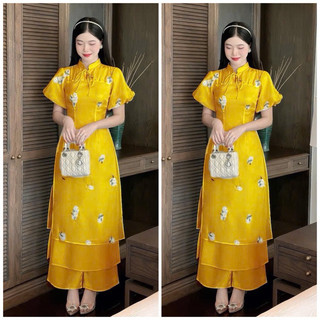 Set áo dài tay phồng ngắn tà đôi