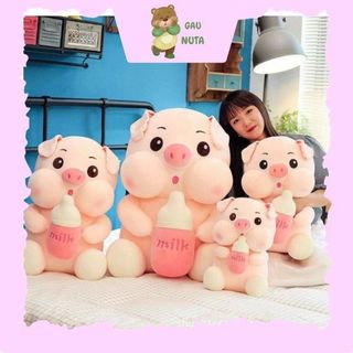 Gấu bông gấu ôm heo ôm bình sữa, heo milk lợn nhồi bông chất liệu vải nhung mịn cao cấp nuta