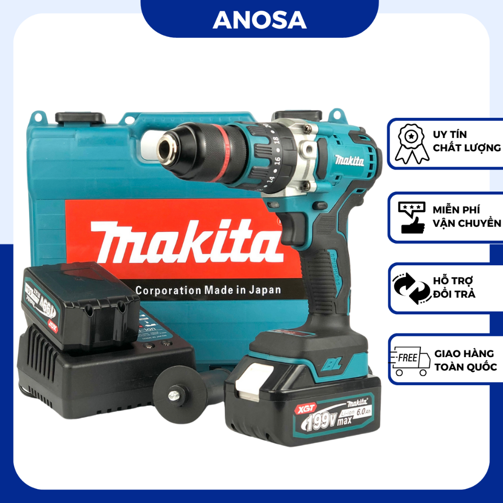 Máy khoan pin Makita 199v kèm tay cầm động cơ không chổi than Đầu kẹp autolock