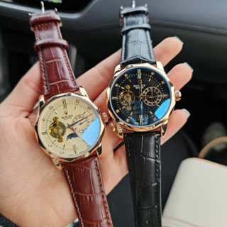 Đồng hồ nam Rolex cơ lộ máy khung viền mạ chống gỉ lịch tuần trăng dây da thời gian tích cót dài