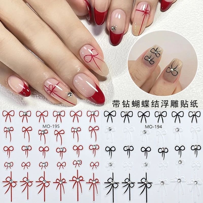 Sticker nơ đá đỏ đen dán móng / Sticker dán móng nơ có đá đỏ đen