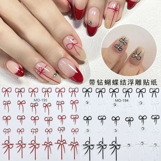 Sticker nơ đá đỏ đen dán móng / Sticker dán móng nơ có đá đỏ đen