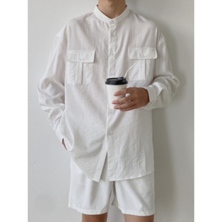 Áo sơ mi nam cổ tàu chất đũi Hàn Quốc trơn local brand unisex nữ fom rộng dài tay L66 trắng 2 túi