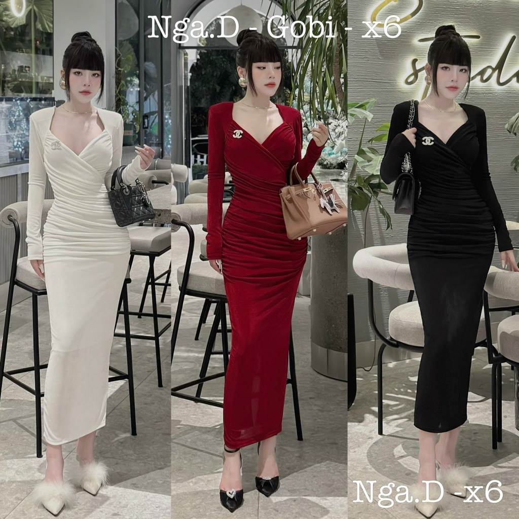 Váy đầm nhúng kim cương cổ V đệm ngực dáng dài ôm body - Dungpham.Boutique