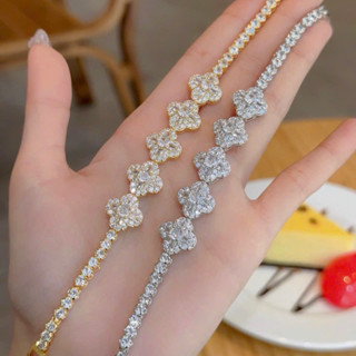 Lắc tay 5 bông 4 lá full xoàn italy khoá bấm xi bạch kim trang sức Kami