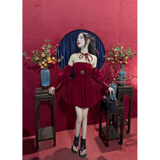 🍀Đầm nhung đỏ cúp tùng bí tay phồng rời kèm tag gấu