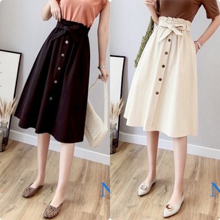 Chân váy midi dài lưng cao màu trơn ulzzang hàn quốc v888 / chân váy công sở nơ eo hàng cúc giữa