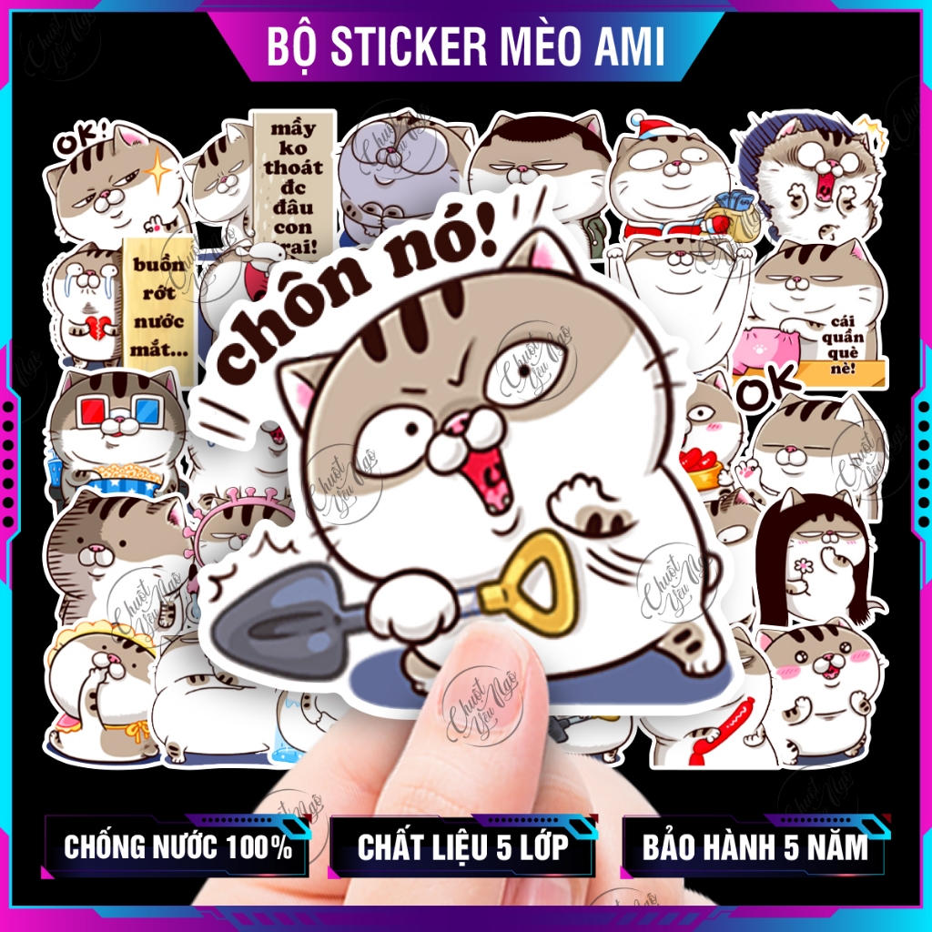Combo 100 sticker mèo bụng bự Ami dễ thương đồ chơi hình dán decor trang trí nón bảo hiểm