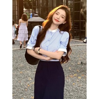 Áo sơ mi cổ trụ kẻ sọc tay lỡ, Áo sơ mi croptop Hàn Quốc Xinh - Molly House