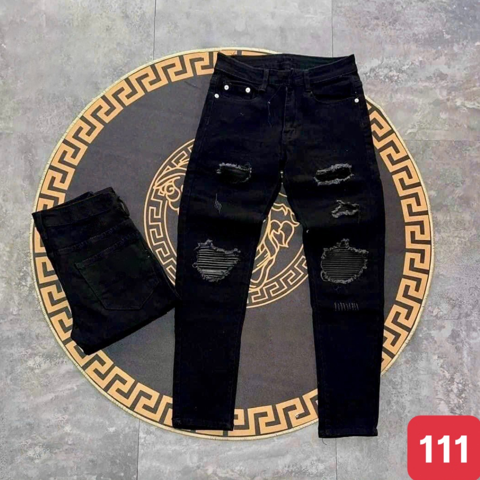Quần jean nam rách gối to màu đen trơn chất bò cao cấp co dãn 4 đẹp rin trơn form dáng skinny PTZ.store Qj084