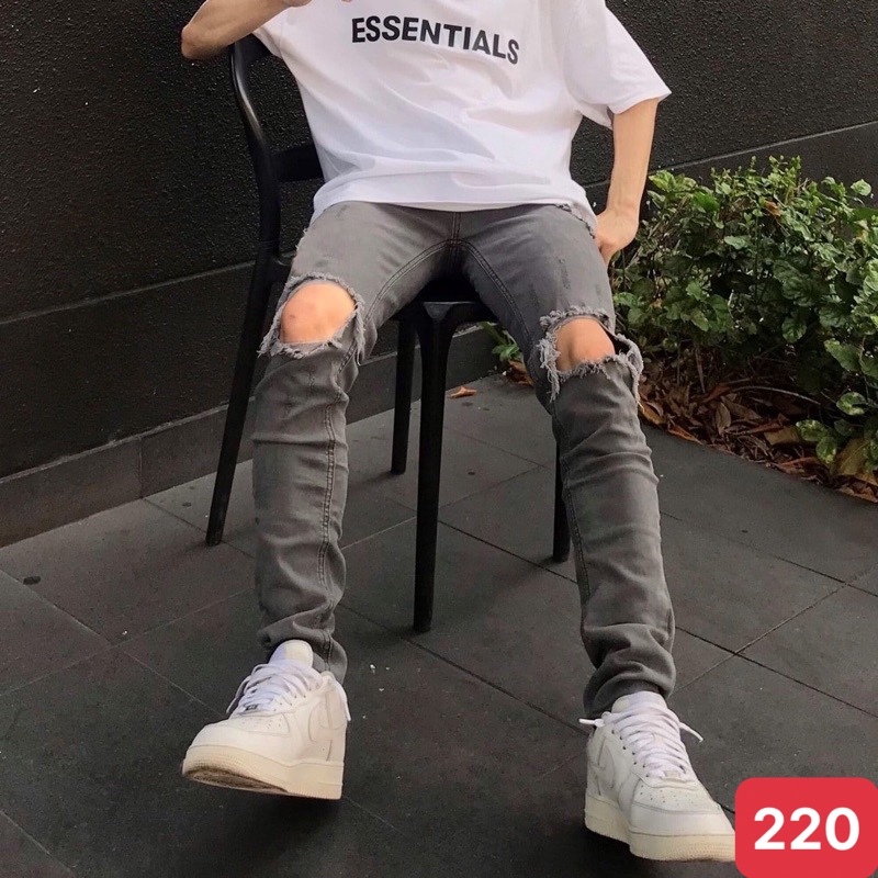 Quần jean nam rách gối to màu đen trơn chất bò cao cấp co dãn 4 đẹp rin trơn form dáng skinny PTZ.store Qj084