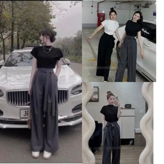 Sét bộ nữ áo thun tăm croptop cổ cao 3 phân + mix kèm quần baggy ống rộng có dây cột nơ chất tuyết mưa l1