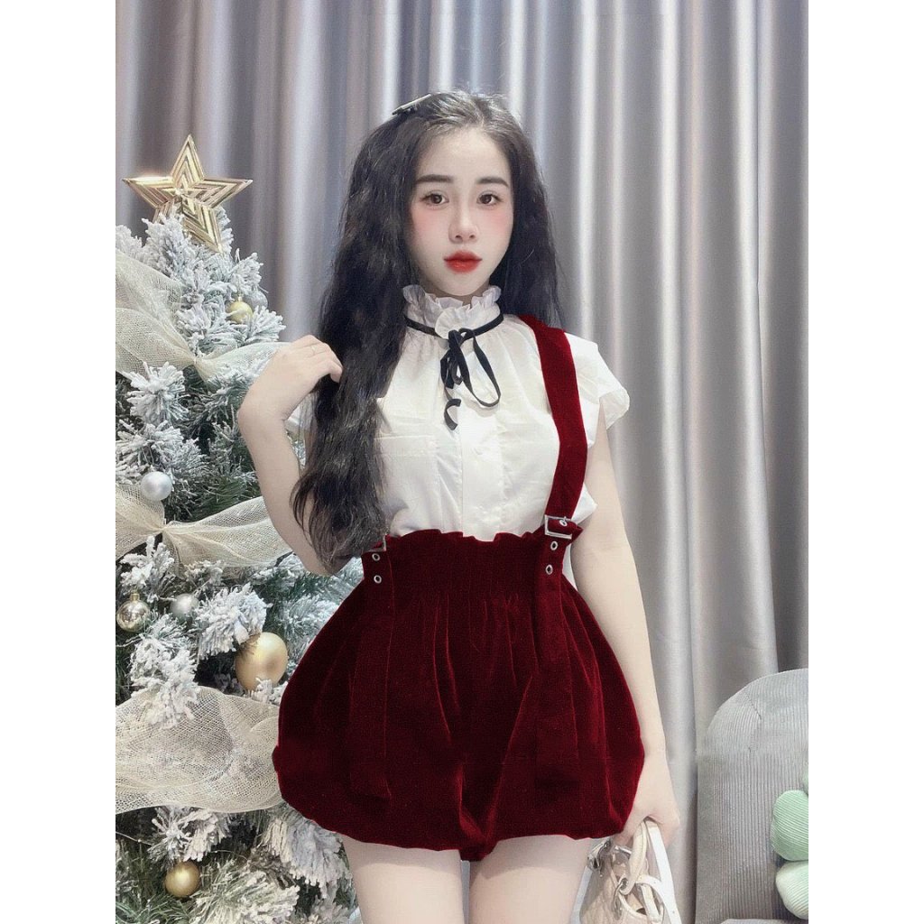 Set đồ nữ set yếm nhung áo lụa quần bí cao cấp set kiểu xinh dễ thương