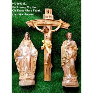 Bộ 3 tượng Mẹ ban ơn Thánh Giuse 40cm Thánh giá Chúa 46cm hoặc 56cm chất liệu composite màu nâu vàng