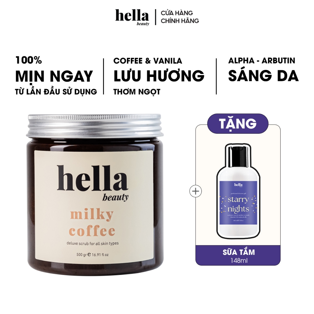 Tẩy Tế Bào Chết Body Cà Phê Hữu Cơ 500g Hella Beauty Giúp Dưỡng Trắng Da Toàn Thân, Giảm Mụn Mờ Thâm