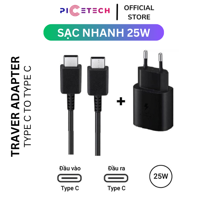 Bộ Củ Cáp Sạc Nhanh 25W Type C To Type C , Dùng Cho Các Máy Chân Type C Bảo Hành 12 Tháng - PICETECH