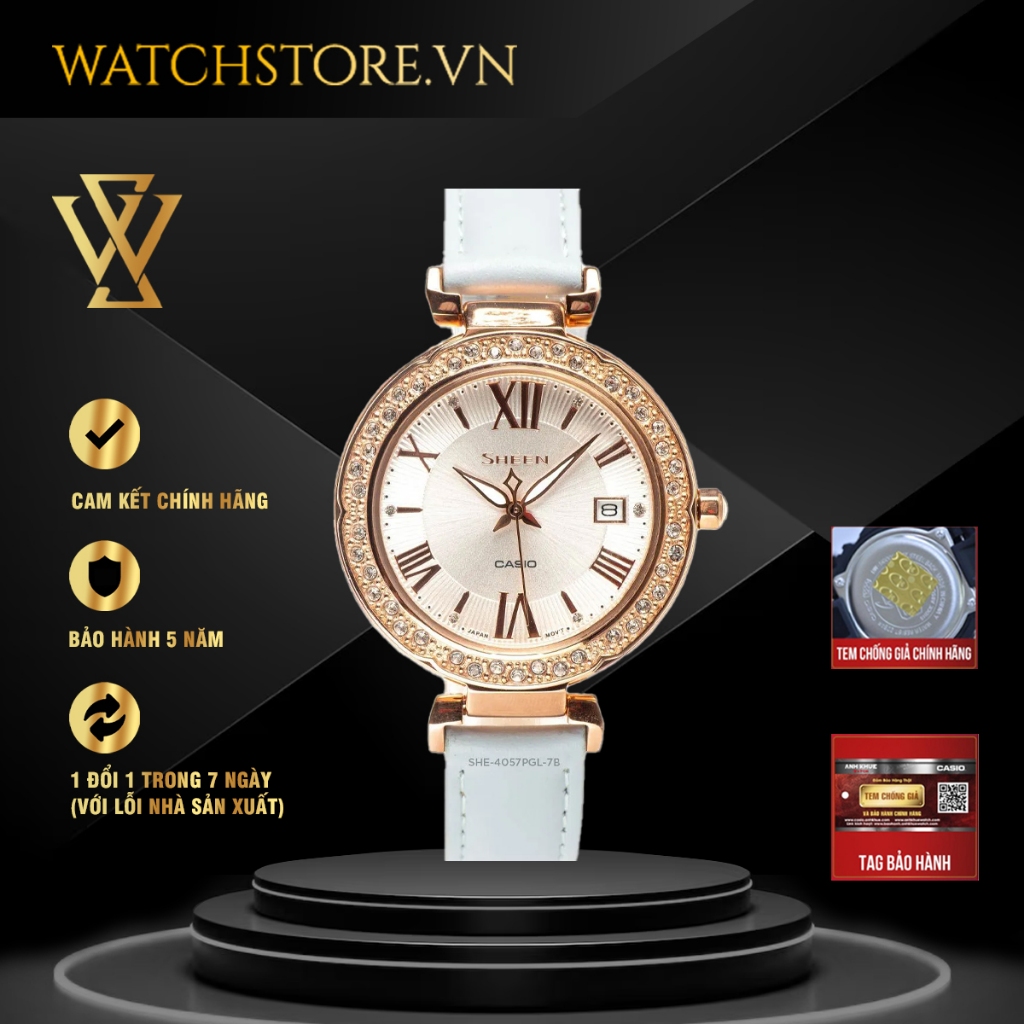 Đồng Hồ Quartz Nữ Casio Sheen WATCHSTORE SHE-4057PGL-7BUDF Thiết Kế Mặt Kính Khoáng 36mm, Dây Da, Vỏ Thép Không Gỉ