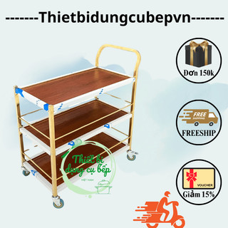 Xe đẩy phục vụ rượu trà, thức ăn 3 tầng inox vàng và gỗ.