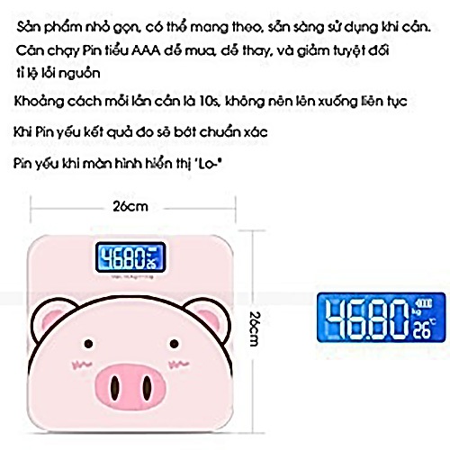 Cân điện tử mini thông minh Growntech dòng 2023 chịu lực 180kg đo sức khỏe độ chính xác cao mặt kính cường lực hình heo