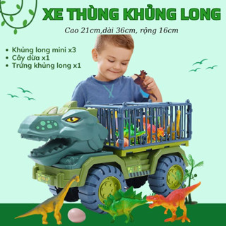 Đồ chơi xe ô tô chở khủng long NDP cỡ lớn trẻ em, bộ đồ chơi nhiều con khủng long, xe tải vận chuyển, đồ chơi bé trai.