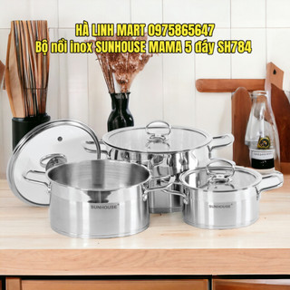 BỘ NỒI INOX SUNHOUSE MAMA 5 ĐÁY SH784, Đường kính 16cm - 20cm - 24cm, Đáy từ sử dụng được trên mọi loại bếp