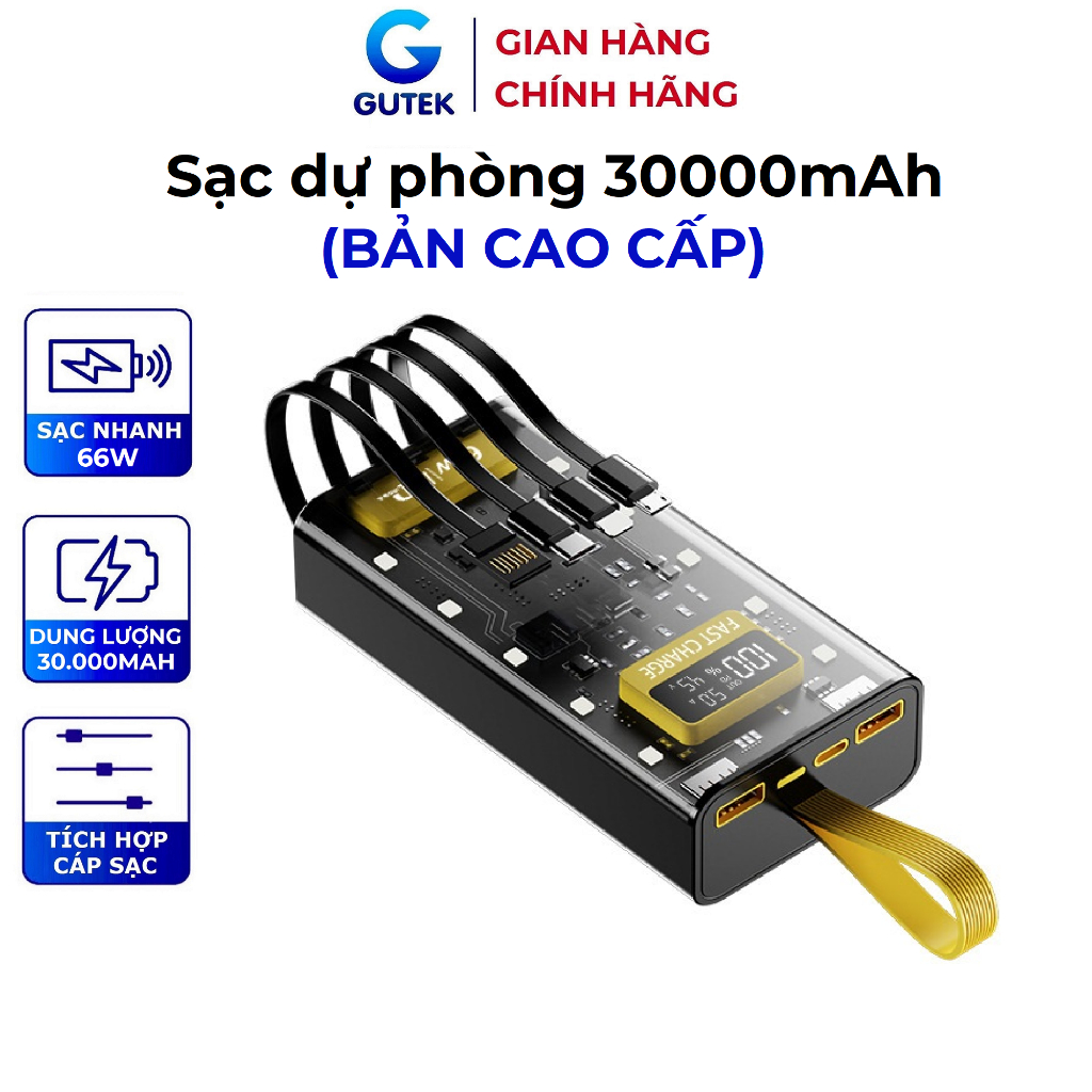 Sạc dự phòng 30000mah sạc nhanh 66w pin dung lượng lớn đi kèm dây cắm nhiều điện thoại - Gutek DX745