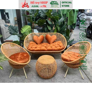 Bộ PuTin 3D chân chéo gồm Ghế đôi+ 2 ghế đơn +bàn giả mây lõi thép dùng thư giãn trang trí sân vườn bảo hành 24 tháng