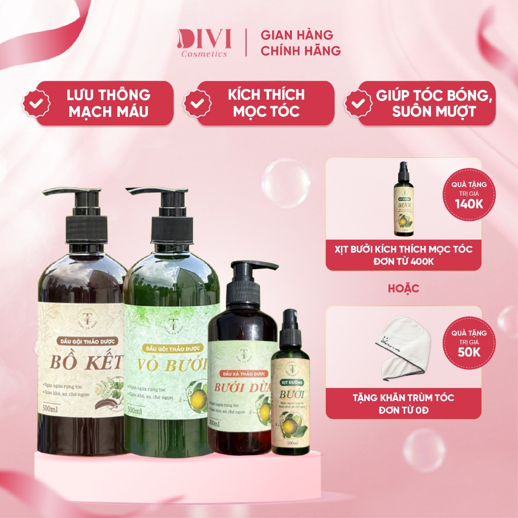 Combo Dầu gội xả vỏ bưởi bồ kết, xịt vỏ bưởi giảm gãy rụng kích thích mọc tóc, dưỡng tóc mềm mượt - Mỹ Phẩm Divi
