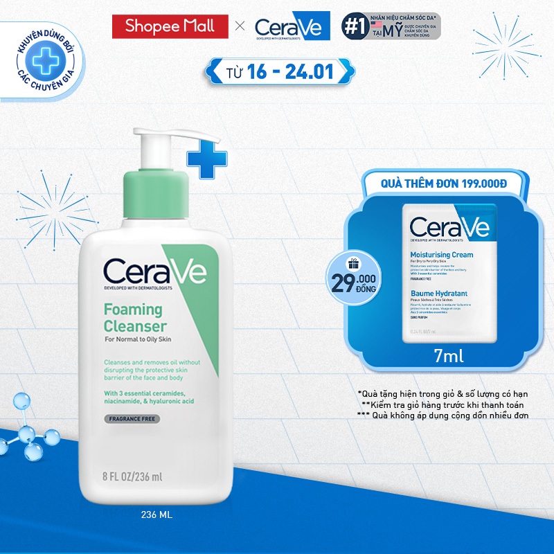 Sữa rửa mặt giúp làm sạch sâu dành cho da dầu CeraVe Foaming Facial Cleans 236ML