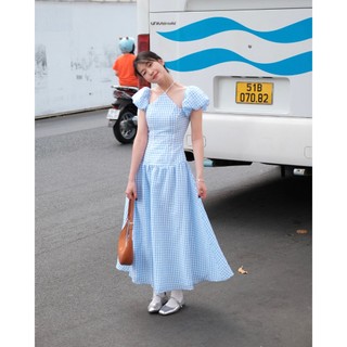 Đầm maxi cổ yếm sọc dáng xoè dài, váy cổ yếm phối tay con dáng xoè | katy dress | secodee
