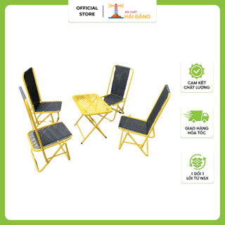 (Bộ 1 Bàn CNC Tròn + 4 Ghế Lưới Cao) Bộ Bàn Ghế Cao Cấp Gấp Gọn Chất Liệu Sắt Sơn Tĩnh Điện Màu Vàng