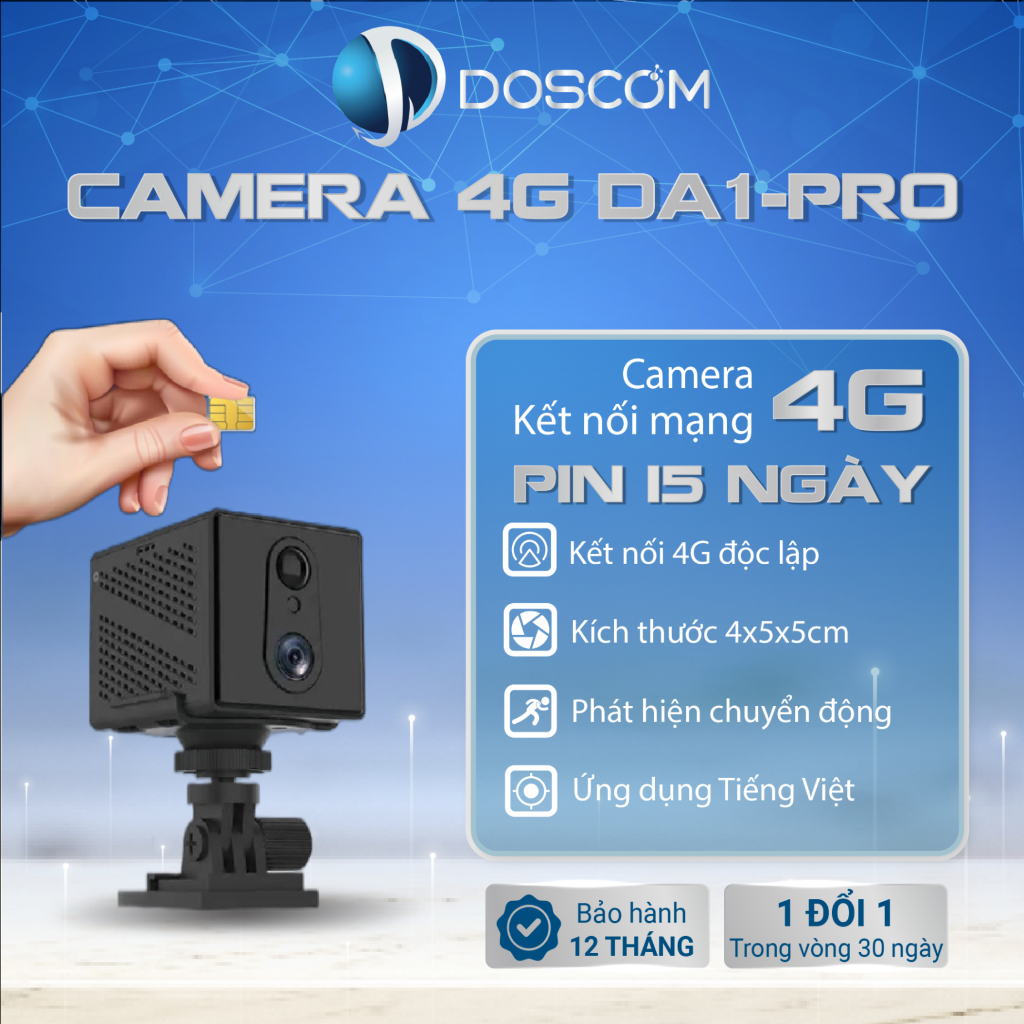Camera Mini 4G Doscom DA-1 Pro Giám Sát An Ninh 360 độ - Hỗ Trợ Tầm Nhìn Đêm - Đàm Thoại 2 Chiều - Tặng Kèm Sim