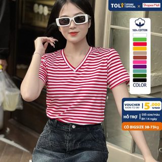 Áo thun cổ tim nữ TOLI sọc kẻ ngang, vải cotton 4 chiều mềm mịn, dáng suông ôm vừa, đủ size 