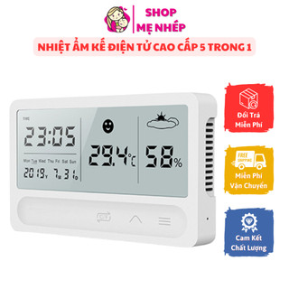 Nhiệt kế phòng cho bé, nhiệt ẩm kế điện tử cao cấp 5 trong 1 dùng nút cảm ứng rất hiện đại bảo hành 3 tháng