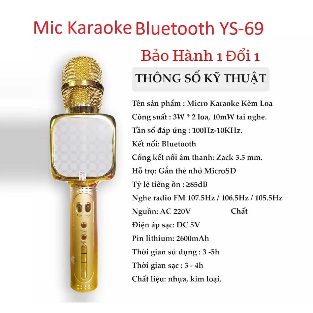 Micro hát không dây kèm loa bluetooth karaoke Growntech YS 69 chính hãng cao cấp dòng 2023 bass mạnh hỗ trợ ghi âm
