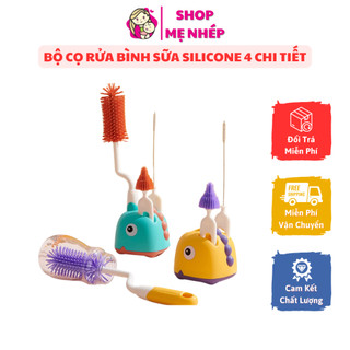 Bộ cọ rửa bình sữa silicon 4 chi tiết xoay 360 độ có đế phơi hình khủng long tiện lợi đa năng