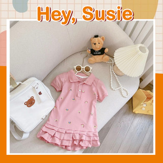 Hey Susie Váy Dáng Polo Màu Hồng Họa Tiết Cầu Vồng Đuôi Cá Cho Bé Gái Từ 8-25kg V3028