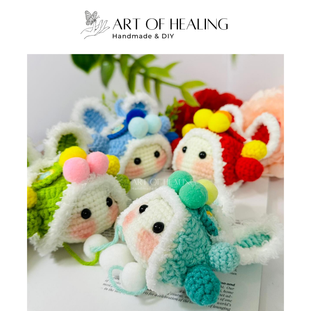 [AOH - Art of Healing] Thỏ đội đầu lân bằng len móc khoá tặng Sinh nhật, Tết, Noel, Tốt nghiệp, Kỷ n