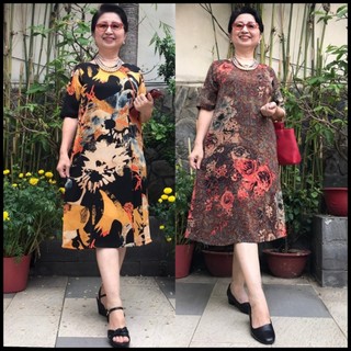Đủ Size Từ 48kg - 90kg - Váy Đầm Trung Niên Vải Lụa Mango Có Giãn, Mặc Mát - Dáng Suông A Che Bụng