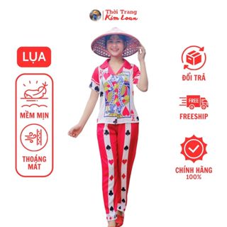 [L40] - Đồ bộ Pijama nữ tay ngắn màu đỏ mặc Tết phối hoạ tiết lá bài, chất liệu lụa Latin cao cấp - Thời Trang Kim Loan