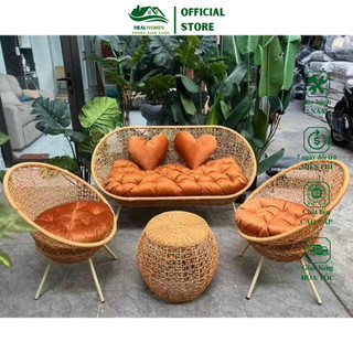 Bộ PuTin 3D chân chéo gồm Ghế đôi+ 2 ghế đơn +bàn giả mây lõi thép dùng thư giãn trang trí sân vườn bảo hành 24 tháng