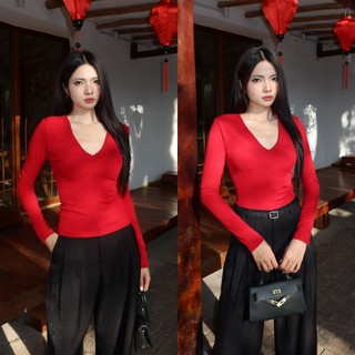 Áo croptop nữ dáng dài cổ tim 2 lớp tay dài chất thun tăm lụa dày dặn ôm body I Hhvintage