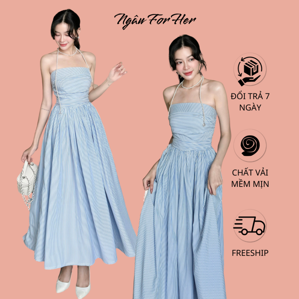 LUCY DRESS- Đầm Maxi Cúp Ngực Sọc Xanh, Váy MiDi Kẻ Sọc Đi Biển