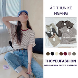 Áo Thun nữ kẻ ngang nhiều màu cộc tay chất coton cao cấp, Áo kẻ cổ tròn phong cách Hàn Quốc hàng Quảng châu M7928