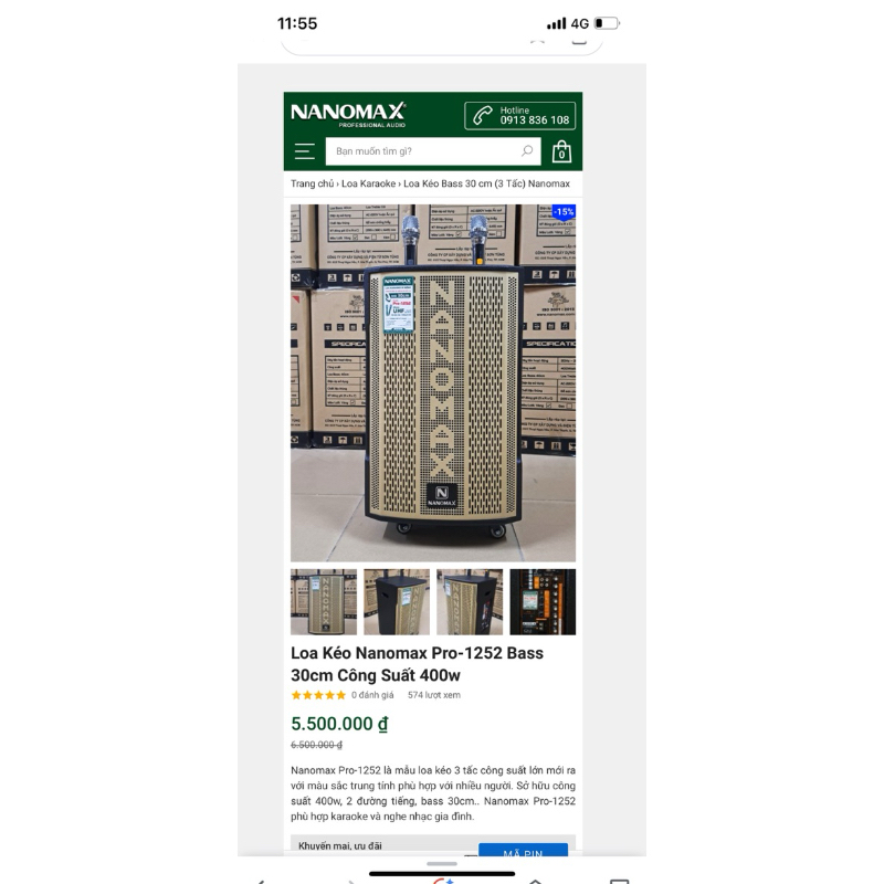 Loa kéo Nanomax Pro-1252. Bass 30cm, công suất 400w, Tặng 2 micro UHF cao cấp