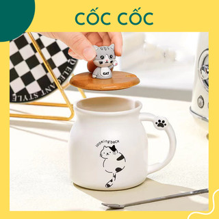 Cốc ly sứ hình mèo cute có nắp gỗ, kèm thìa, dung tích 350ml Cốc Cốc họa dùng để uống nước, trà, cà phê, quà tặng